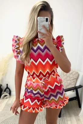 Amira Pink Zig Zag Print Frill Top and Shorts Co-Ord Set