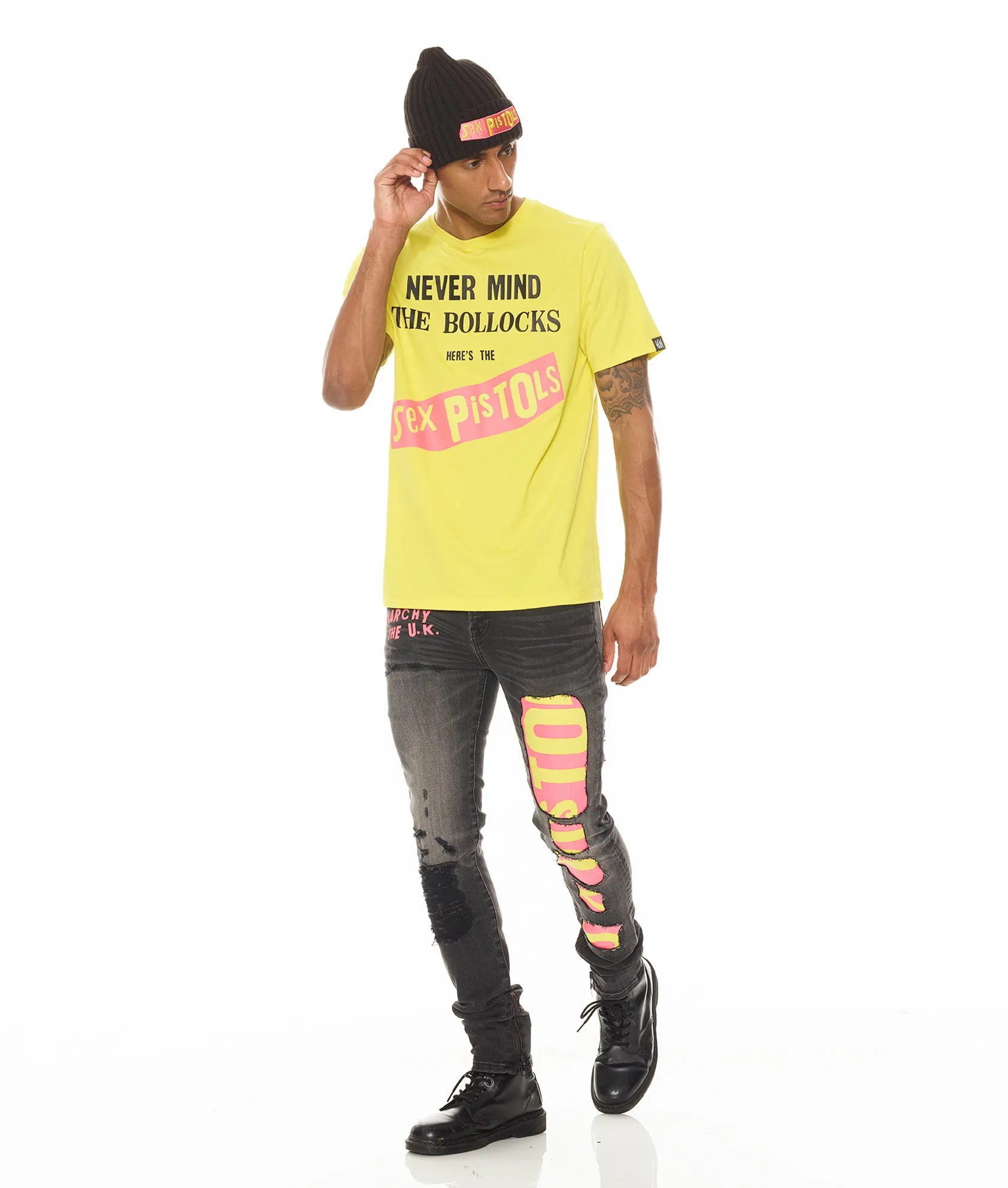 SHORT SLEEVE CREW NECK TEE   "NEVER MIND THE BOLLOCKS"  IN YELLOW