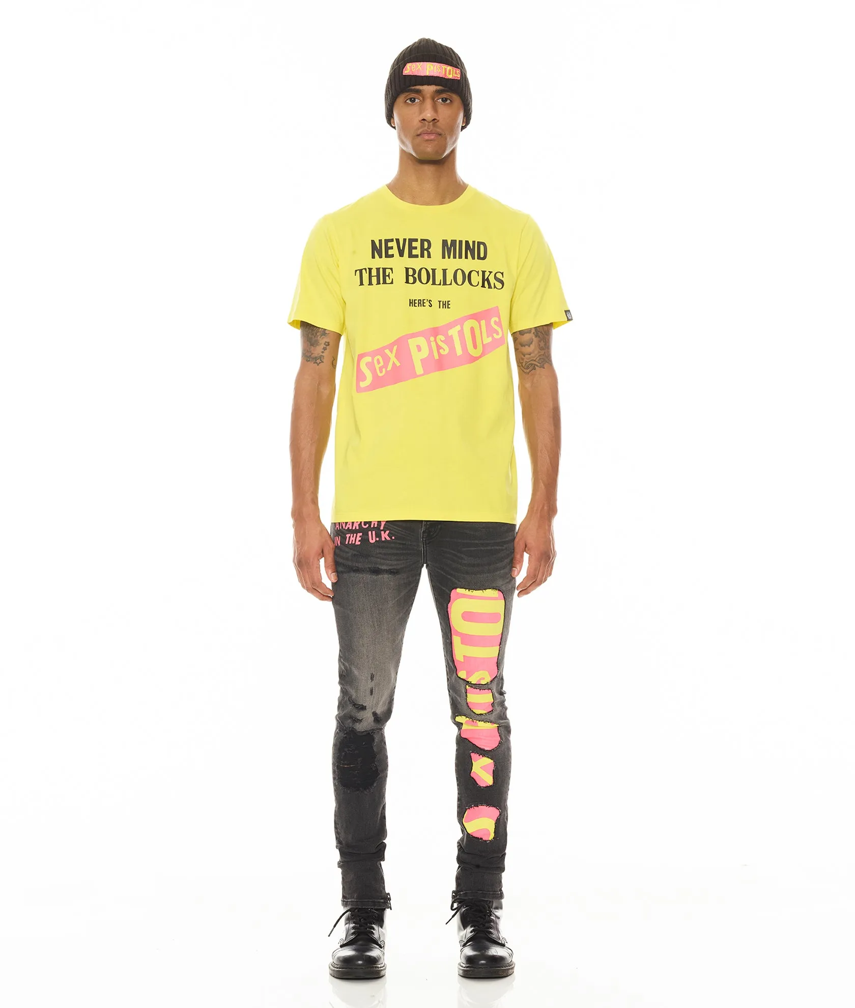 SHORT SLEEVE CREW NECK TEE   "NEVER MIND THE BOLLOCKS"  IN YELLOW